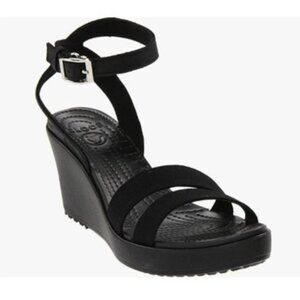 Crocs Leigh II Wedge Sandals Black Women's size 9 Ankle Buckle EUC